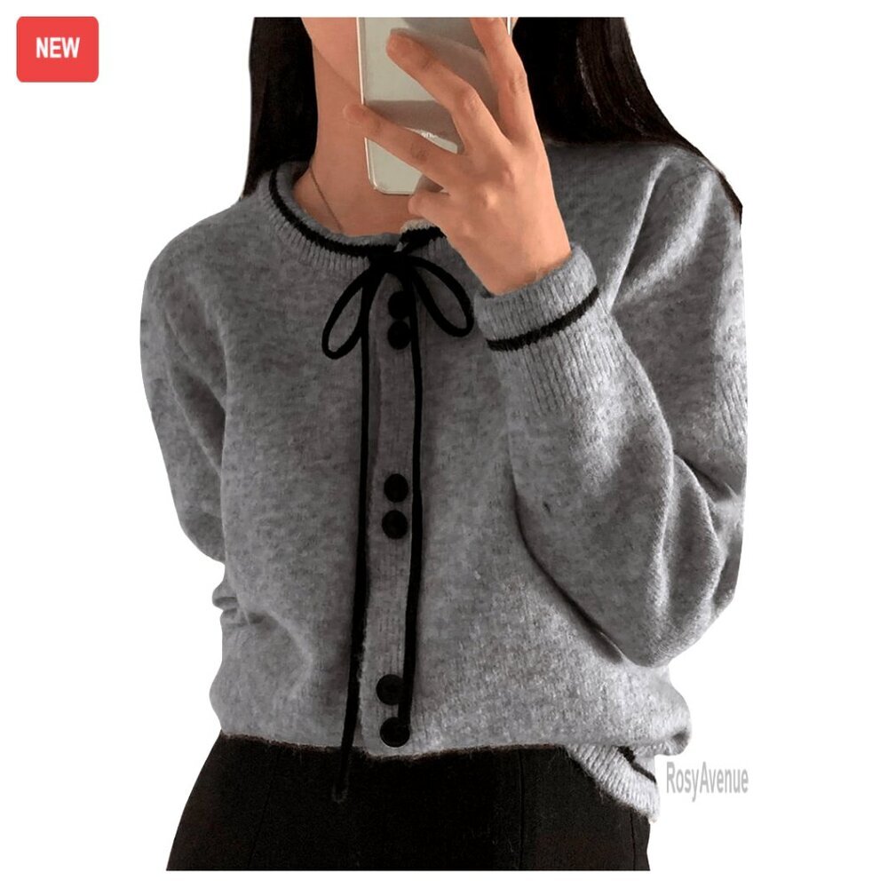 Long Sleeve Cable Knit Cardigan Sweater Top Button Up Bow Detail